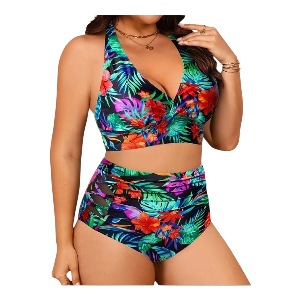 YONIQUE - 16W Tropical Floral Halter Bikini Set